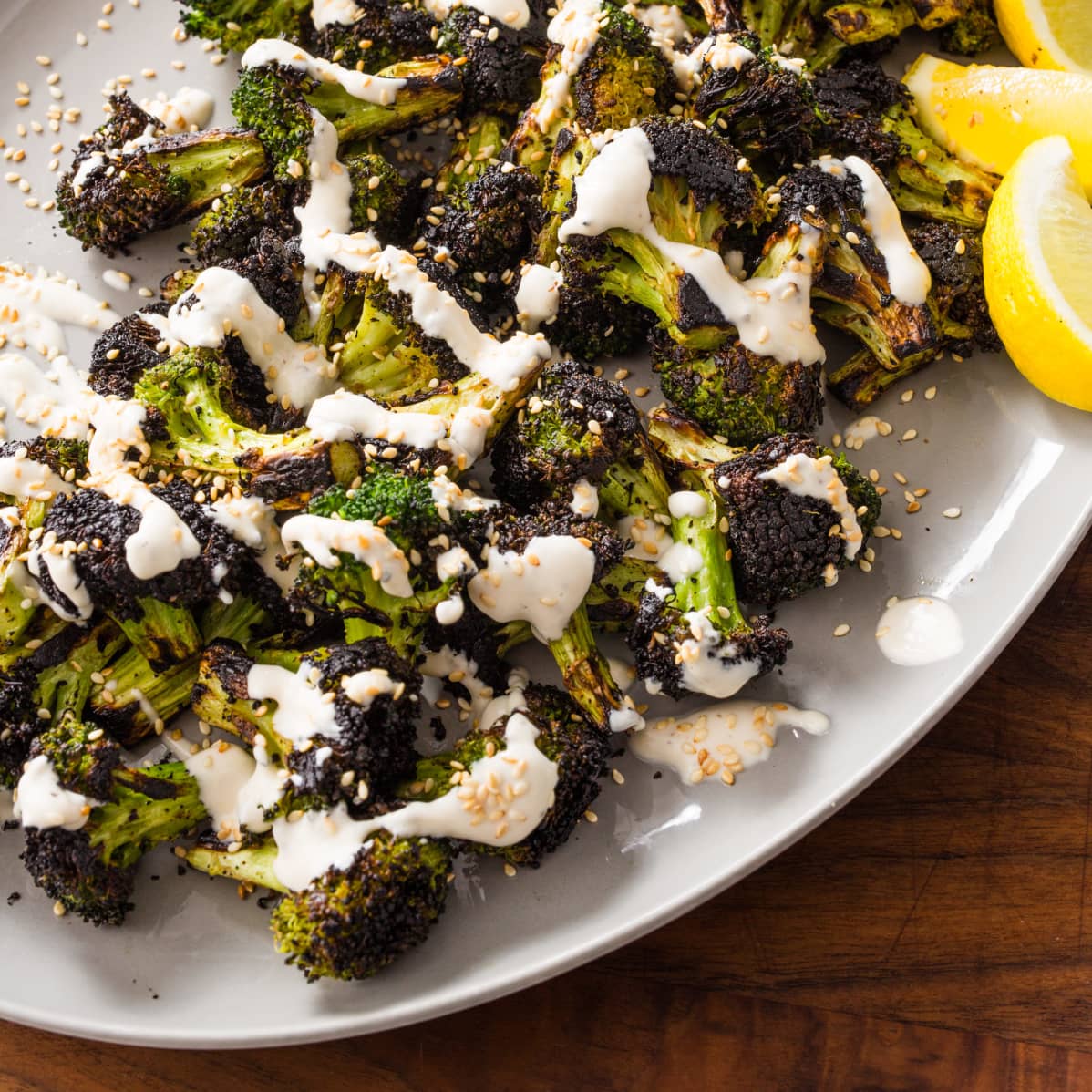 Skillet-Charred Broccoli with Sesame Seeds and Yogurt Sauce