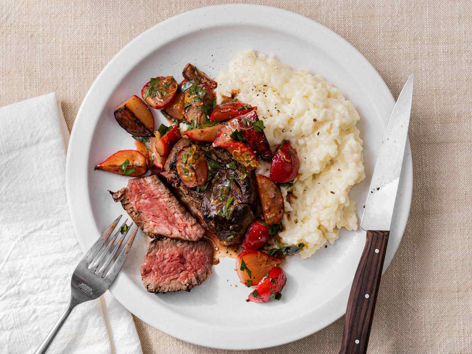 Steaks with Lemony Radishes and Creamy Rice