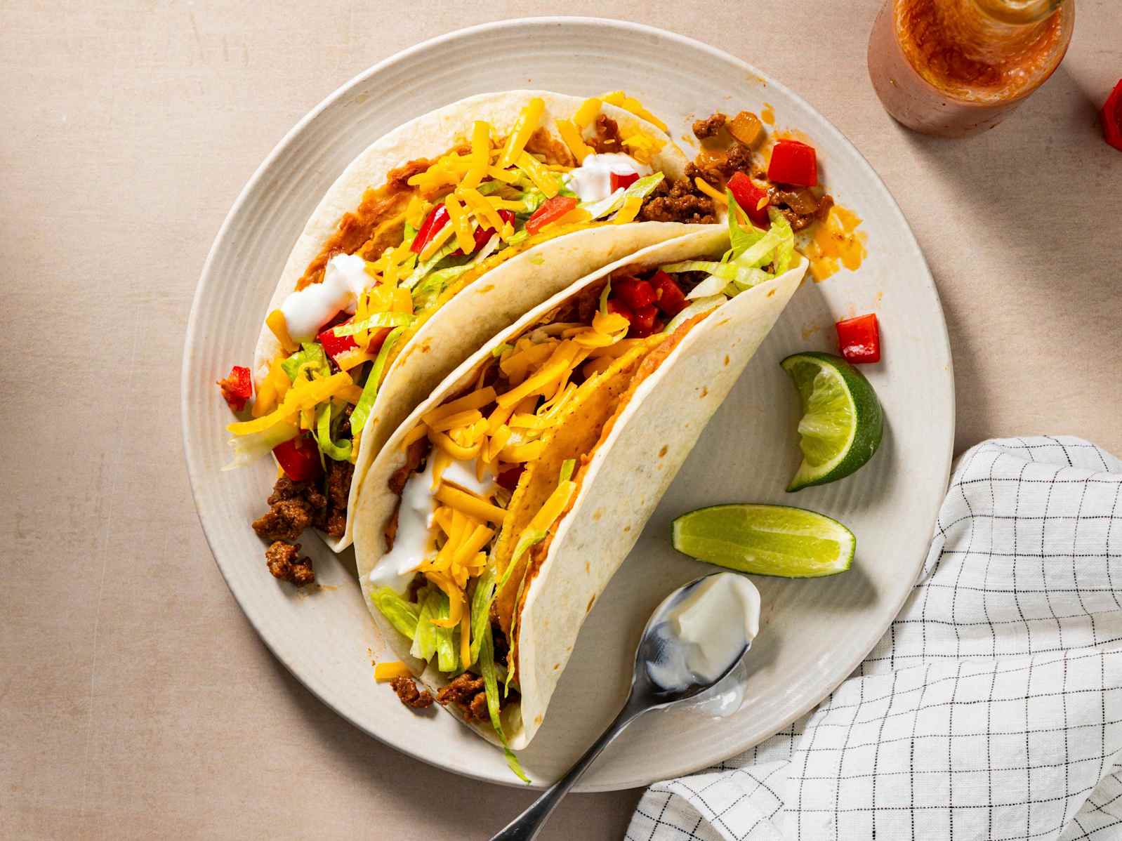 Double-Decker Ground Beef Tacos with Refried Beans 