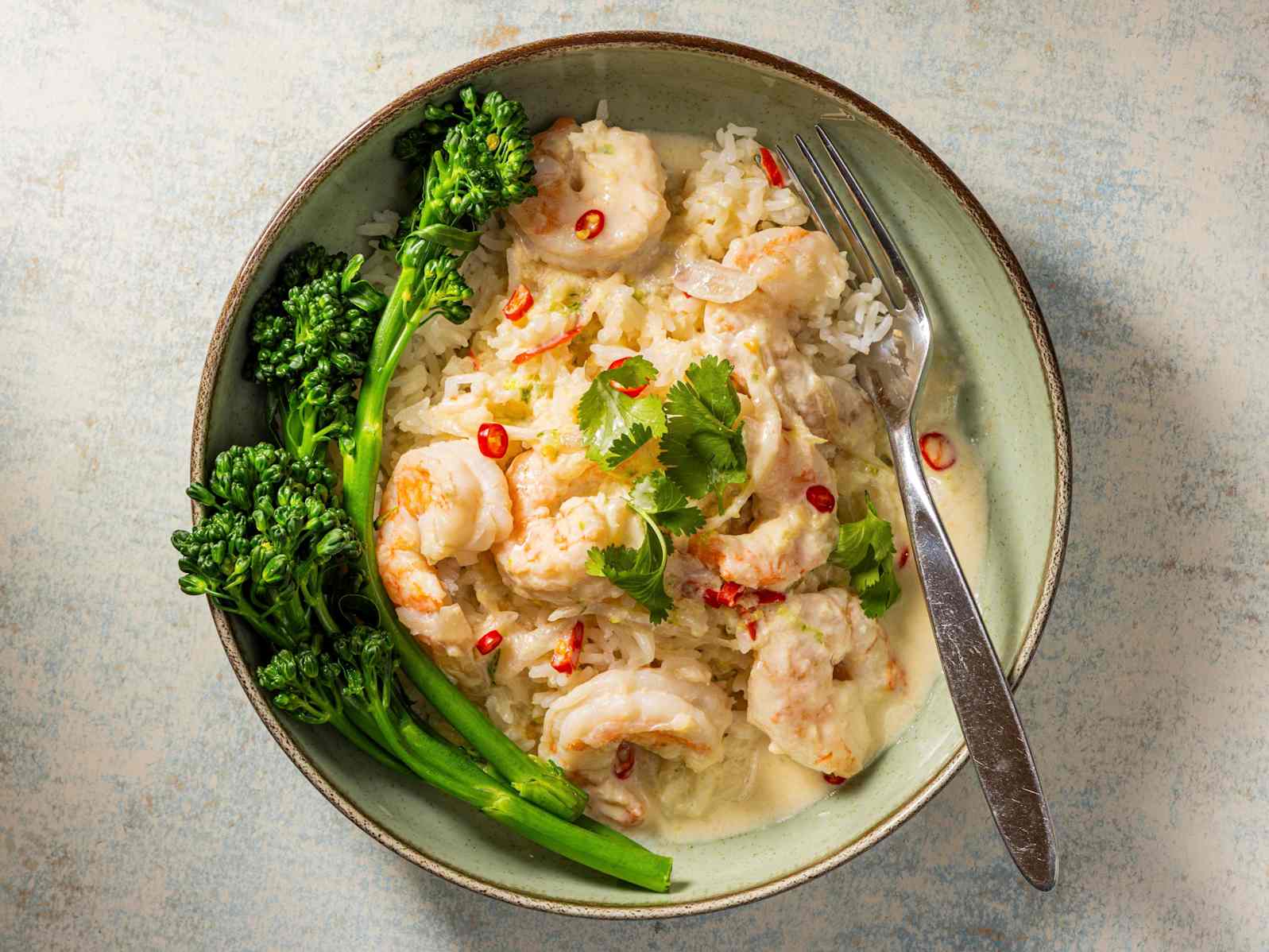 Shrimp with Coconut-Lime Sauce, Rice, and Broccolini