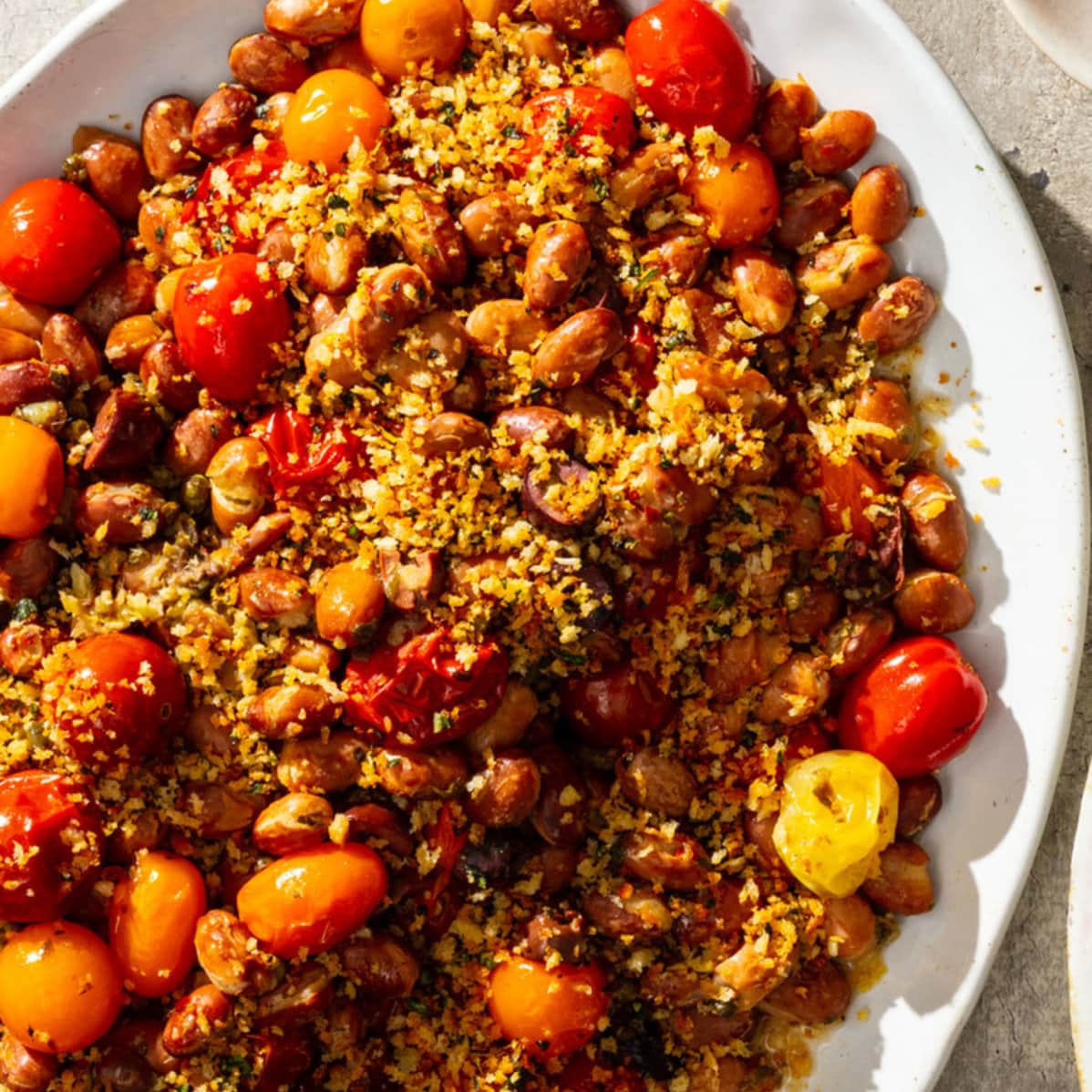 Burst Cherry Tomato Puttanesca with Roman Beans