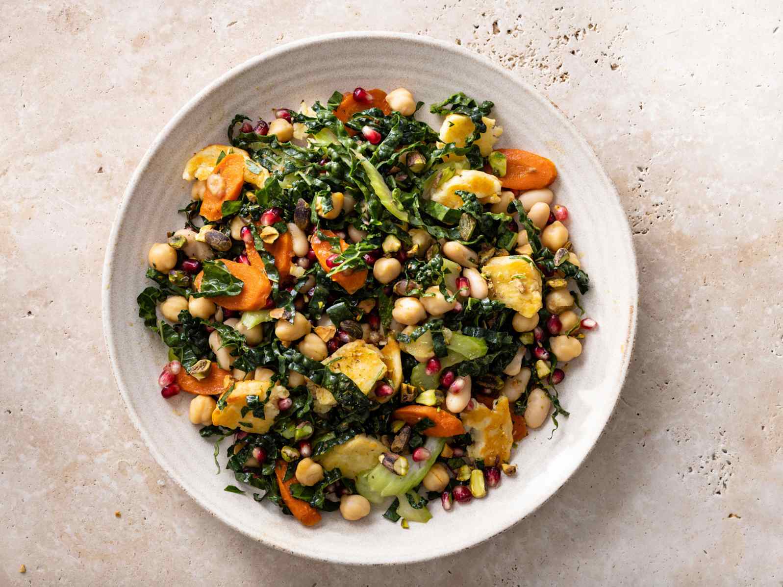 Hearty Bean Salad with Roasted Carrots and Halloumi in a bowl