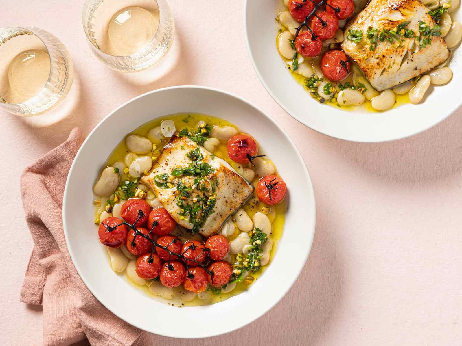 Black Cod with Charred Tomatoes, Stewy Beans, and Tarragon-Pistachio Pesto