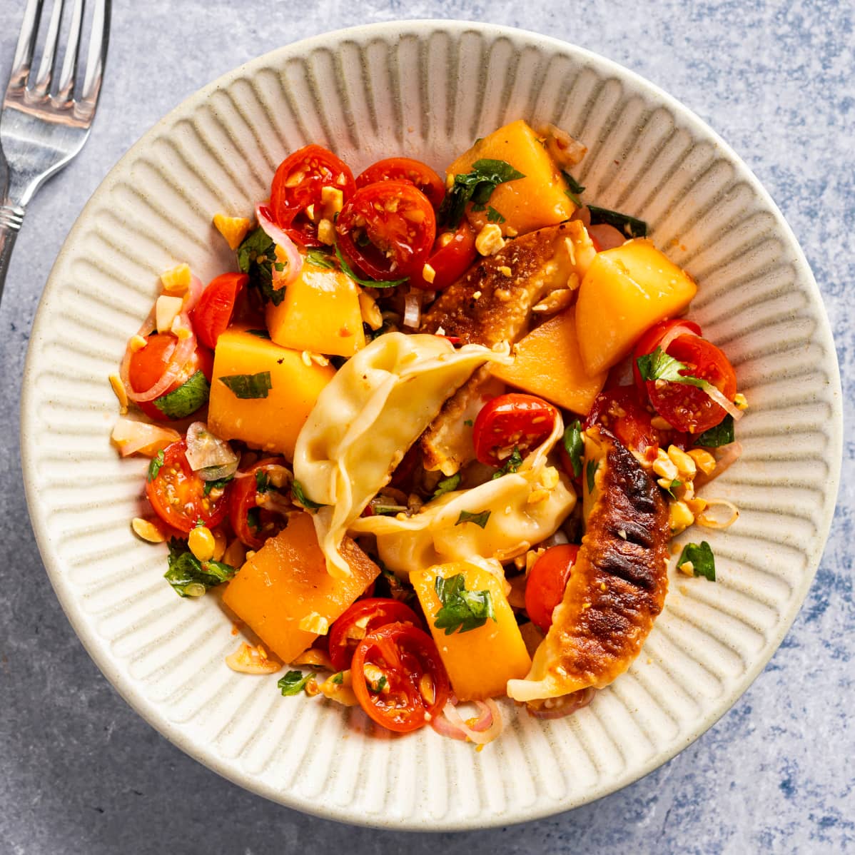 Cantaloupe and Shrimp Potsticker Salad