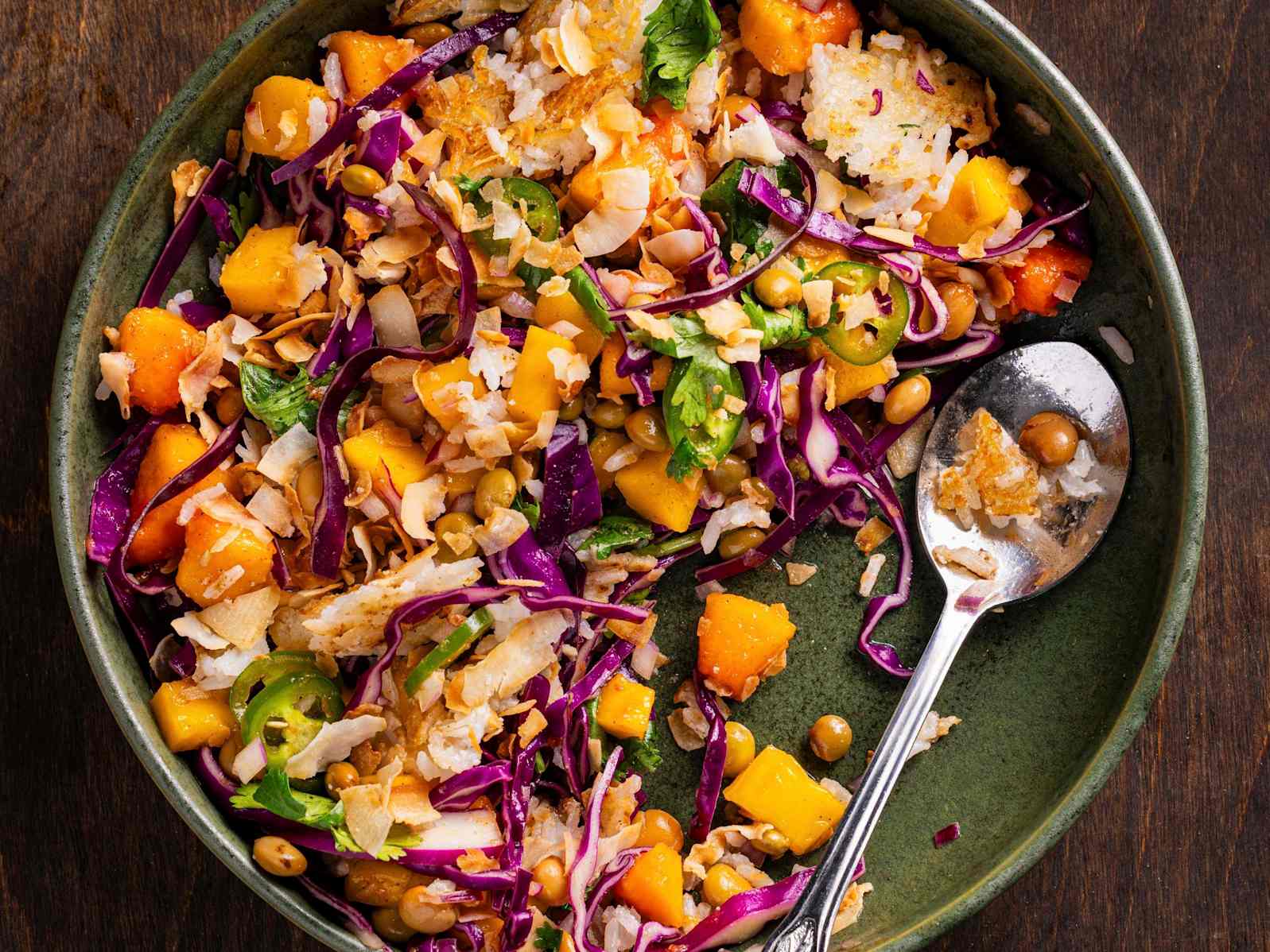 Crispy Coconut Rice and Beans with Tropical Fruit