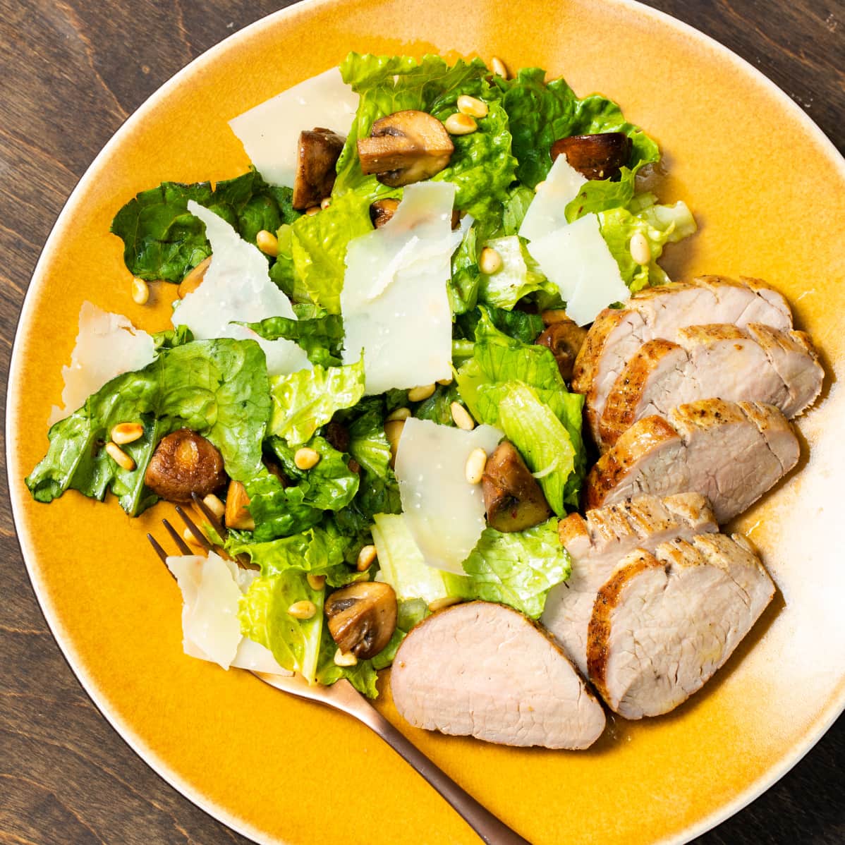 Roasted Pork Tenderloin with Romaine and Cremini Salad