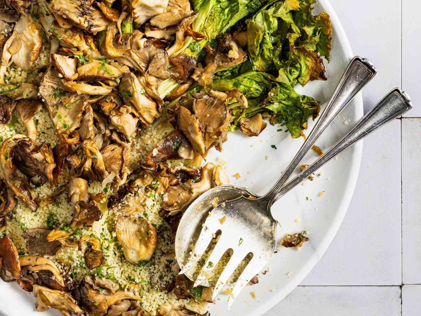 Roasted Mushrooms and Escarole with Couscous and Lemon Vinaigrette