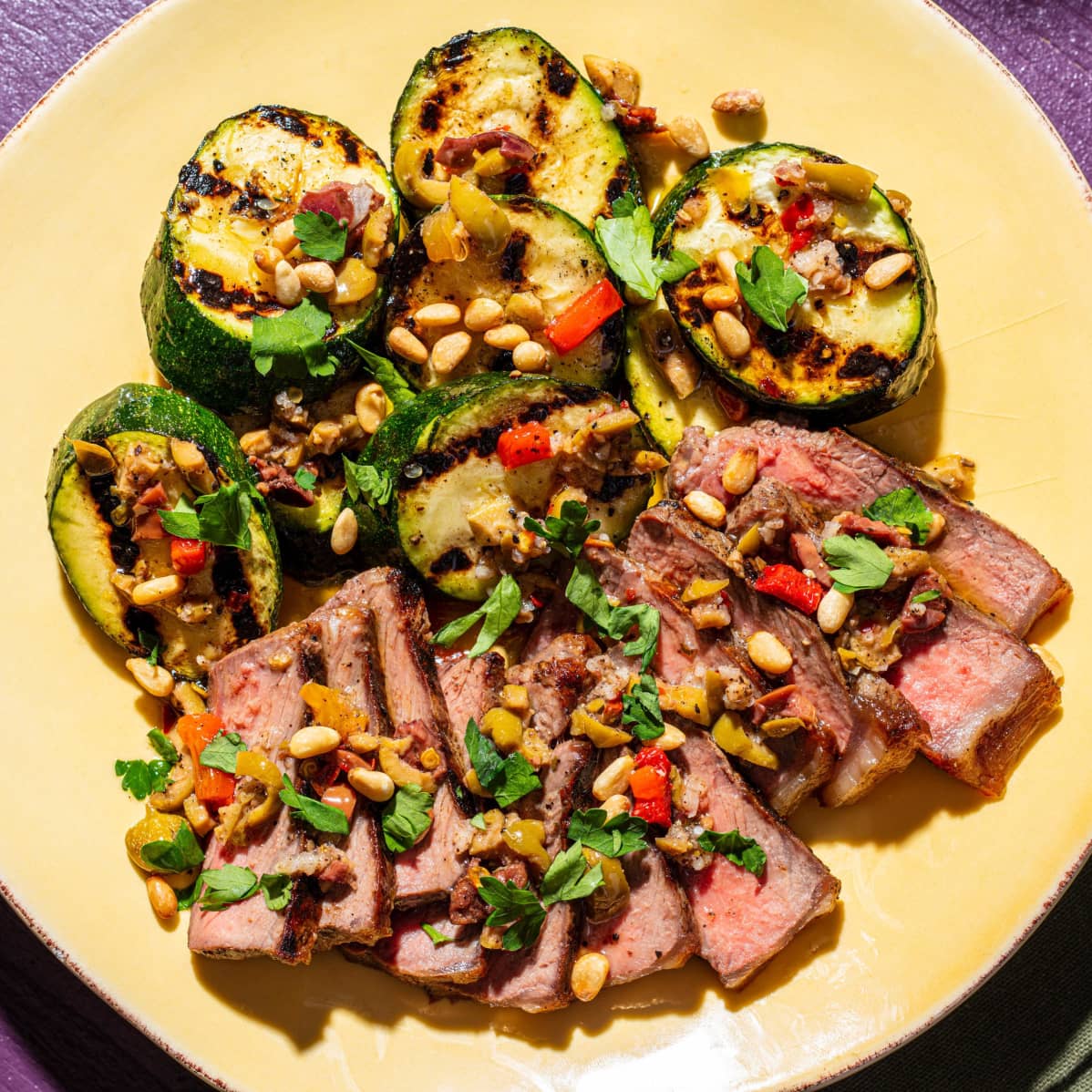 Grilled Strip Steaks and Zucchini with Olive Vinaigrette