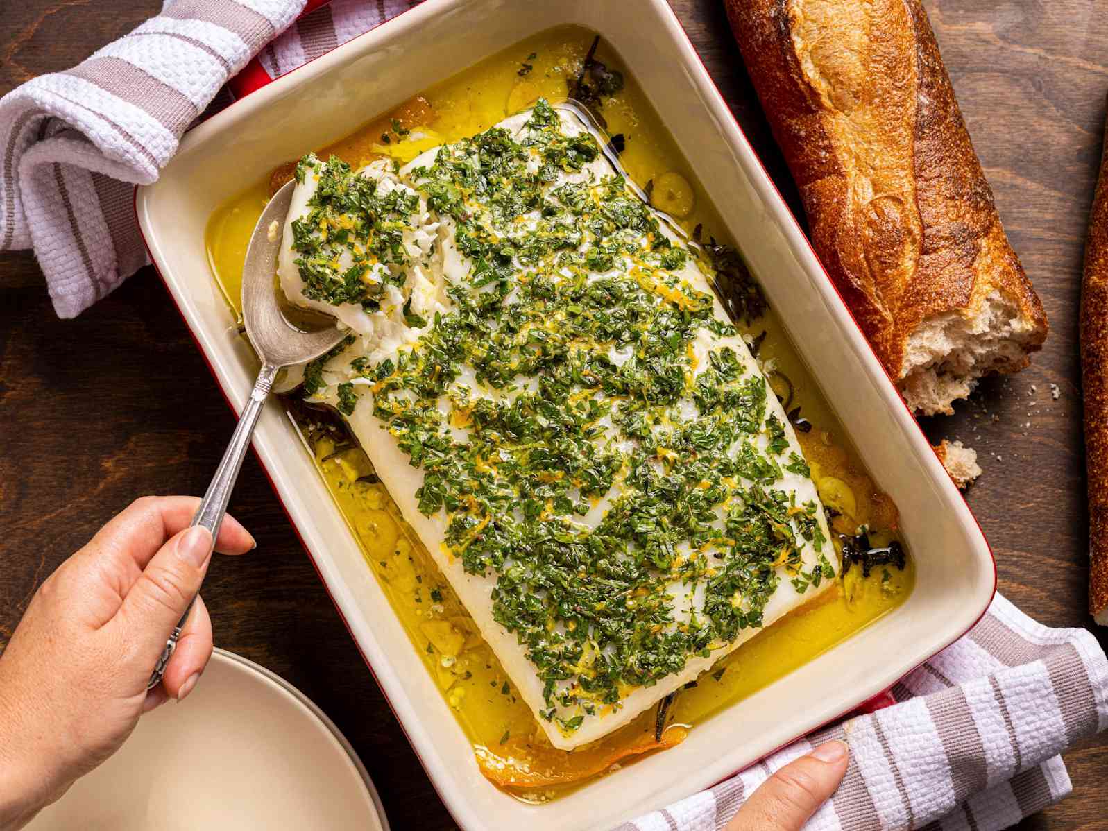 Oregano and Orange Slow-Roasted Halibut with Salmoriglio