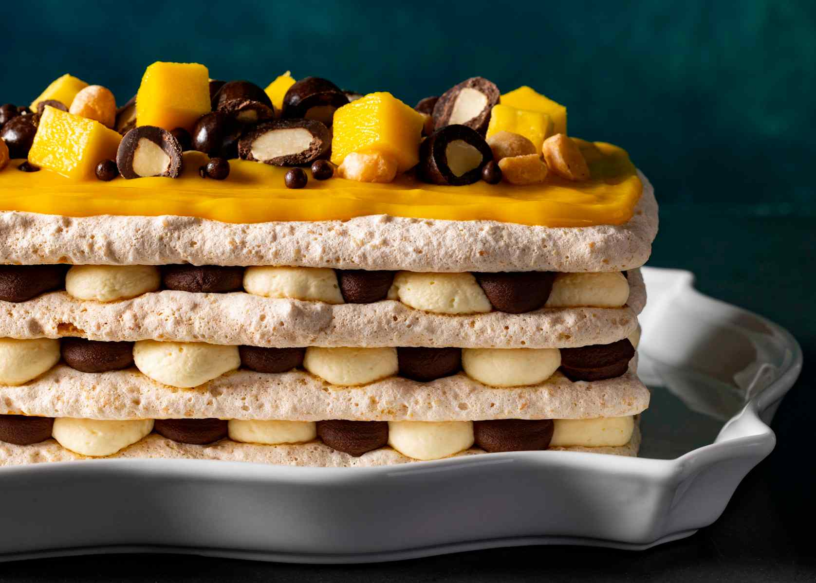 Passion Fruit, Mango, and Chocolate Dacquoise