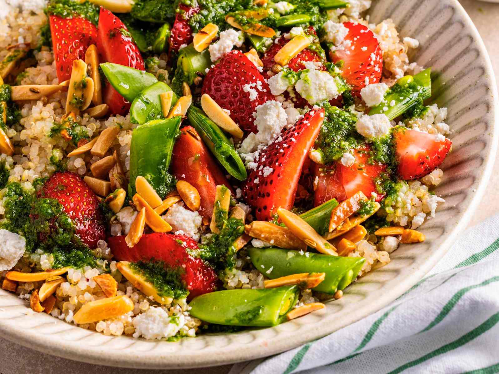 Quinoa Bowls with Snap Peas, Strawberries, and Basil Vinaigrette
