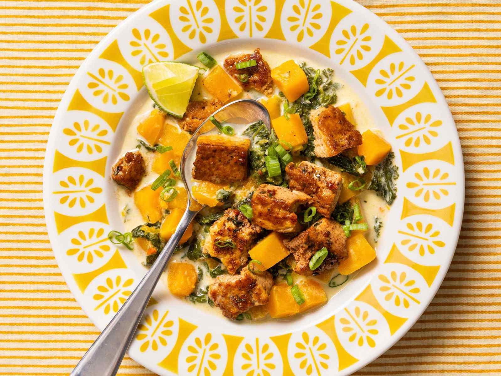 Sweet and Spicy Glazed Tofu with Coconut-Braised Mustard Greens and Winter Squash