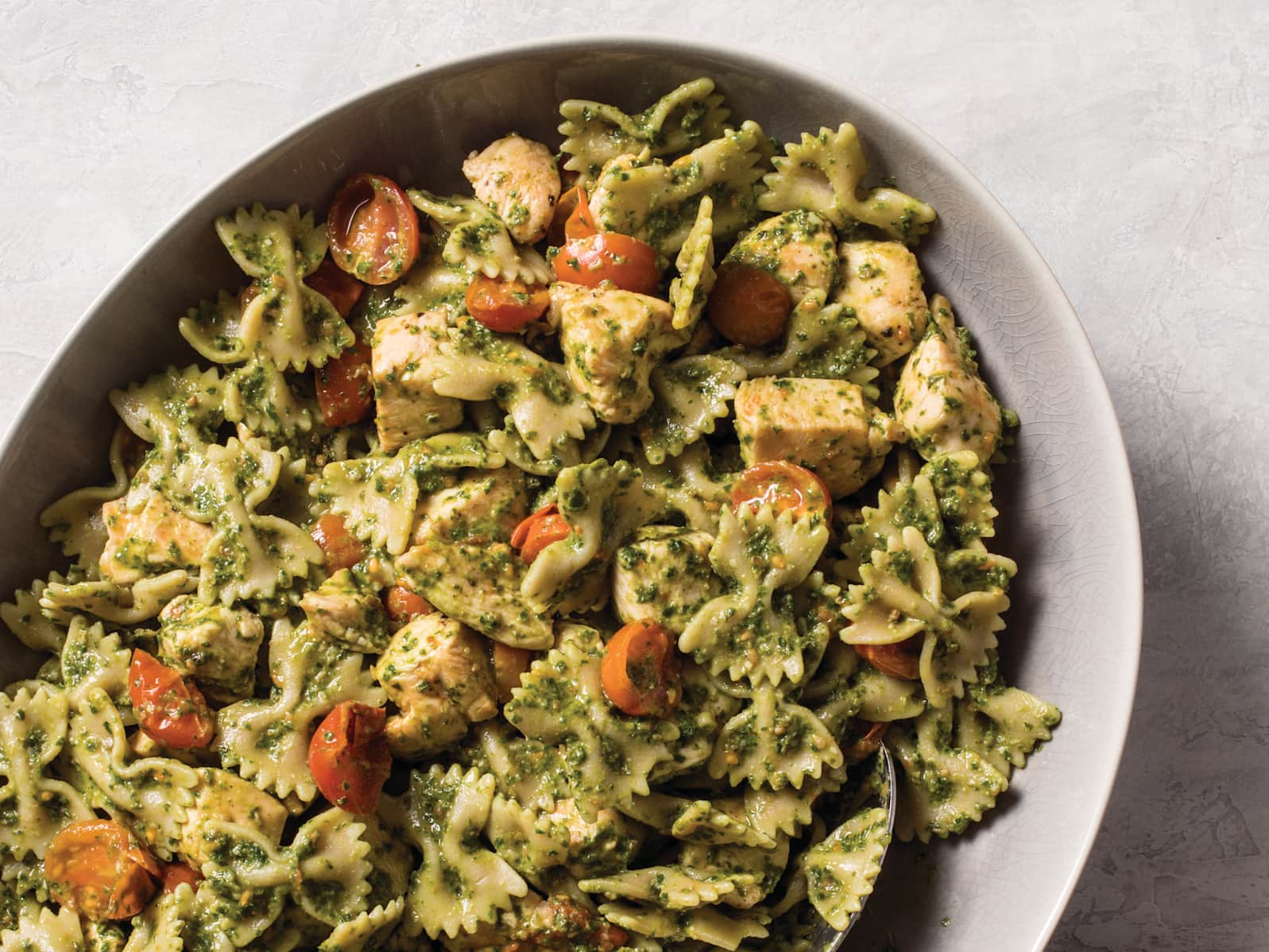 Farfalle with Chicken, Tomatoes, and Kale Pesto