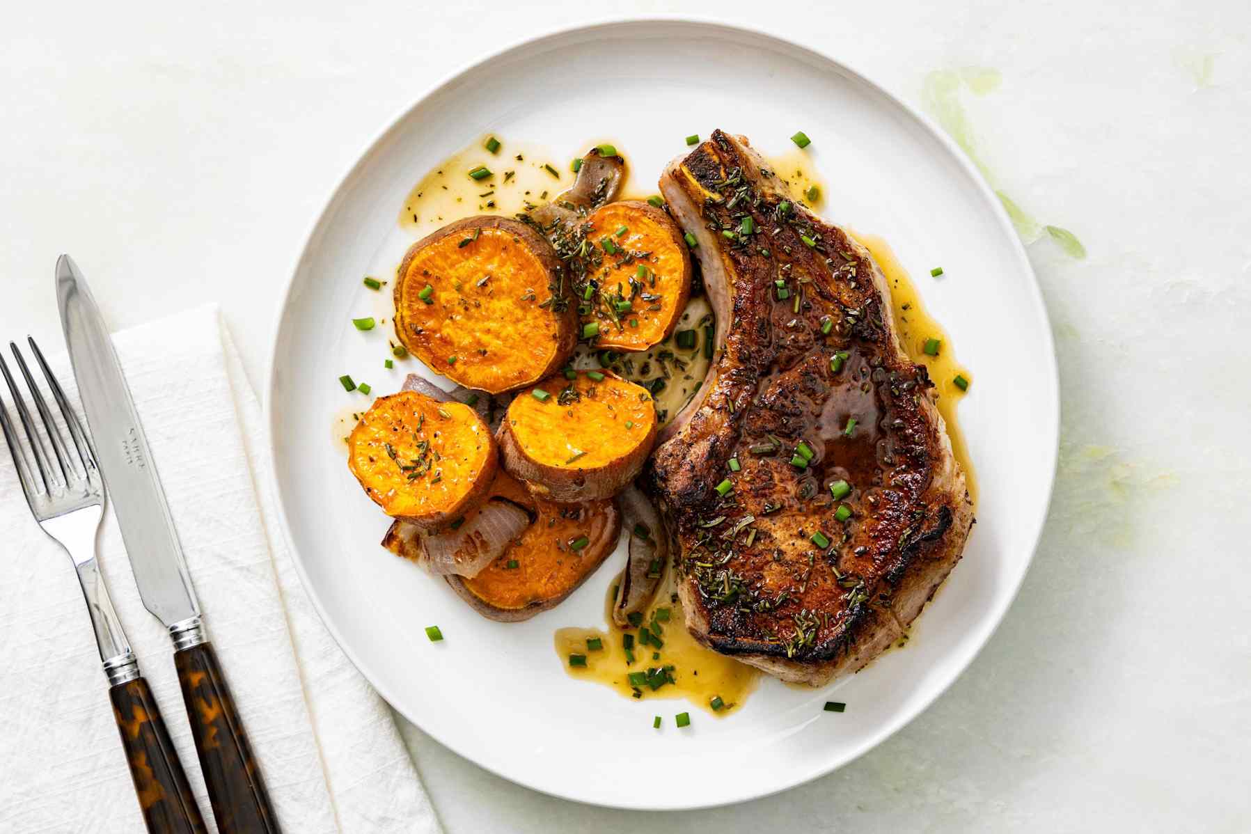 Pork Chops with Sweet Potatoes and Rosemary-Maple Sauce