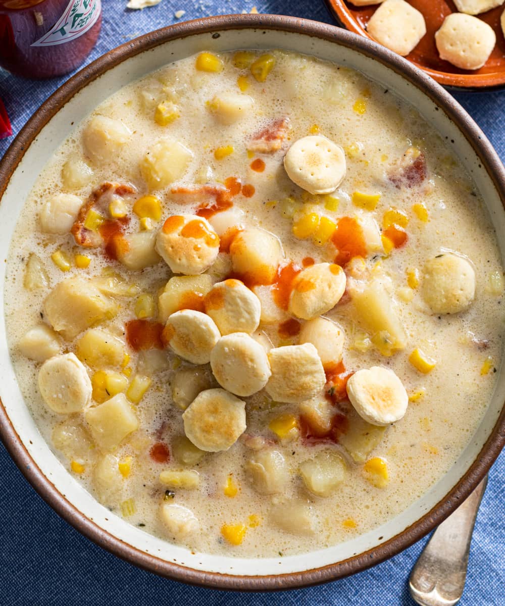 With bacon, leeks, and bay scallops, this isn’t your ordinary corn chowder.