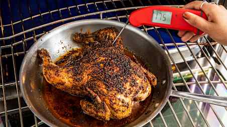 using an instant-read thermometer to temp the thigh of a spiced chicken