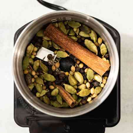 A spice grinder filled with a cinnamon stick, cardamon pods, and coriander seeds.