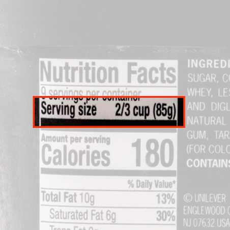 Two ice cream nutrition facts side-by-side. Highlighted is ⅔ cup weighs 85 grams.