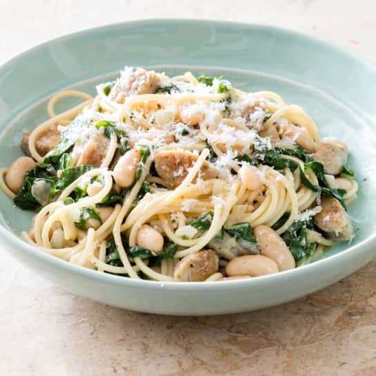 Pasta with Chicken Sausage, Swiss Chard, and White Beans