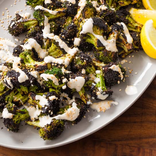 Skillet-Charred Broccoli with Sesame Seeds and Yogurt Sauce