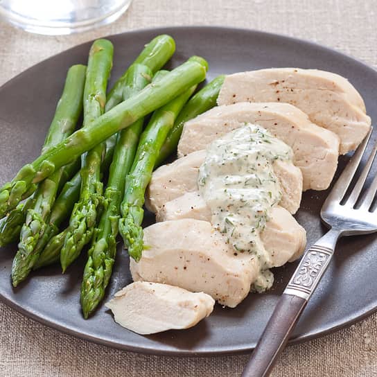 Poached Chicken with Asparagus and Herbed Mayonnaise