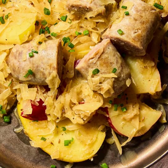 One-Pan Bratwurst with Potatoes, Apples, and Sauerkraut For Two