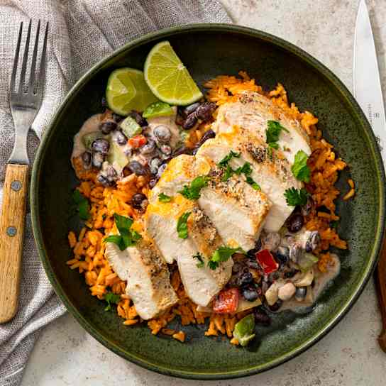 Chicken with Creamy Chipotle Black Beans, Peppers, and Rice