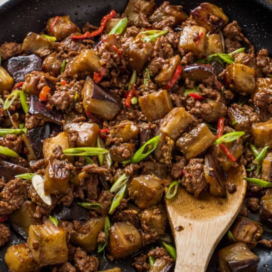 Sautéed Eggplant and Plant-Based Meat with Soy, Ginger, and Scallions