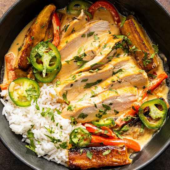 Coconut-Braised Chicken with Plantains and Peppers