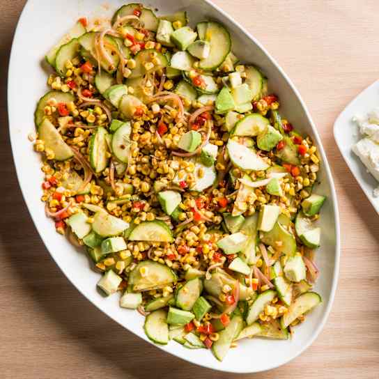 Corn and Cucumber Salad with Red Bell Pepper and Cilantro