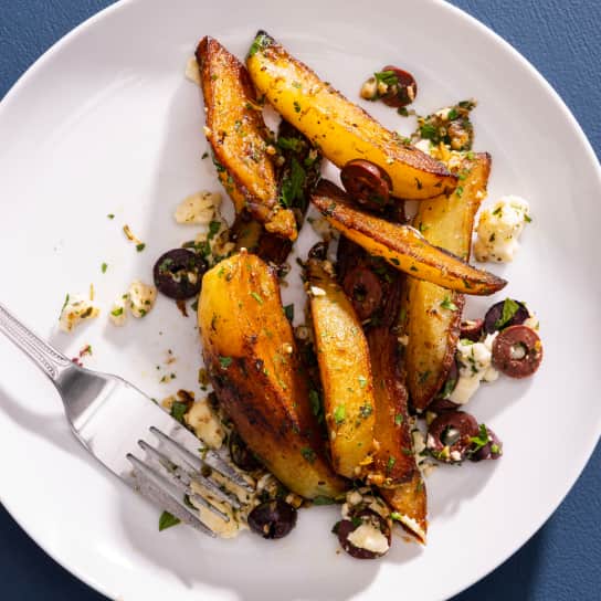 Greek-Style Garlic-Lemon Potatoes with Olives and Feta