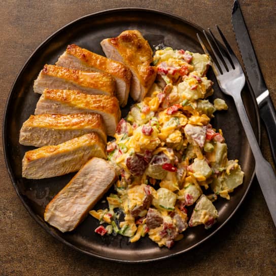 Honey-Mustard Pork Chops with Pimento Cheese Potato Salad