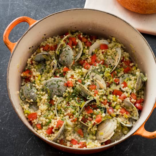 One-Pot Pearl Couscous with Clams, Leeks, and Tomatoes