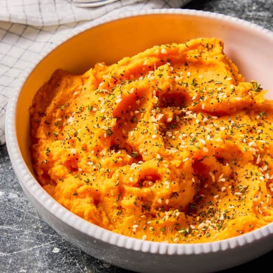 Mashed Sweet Potatoes with Thyme-Everything Topping