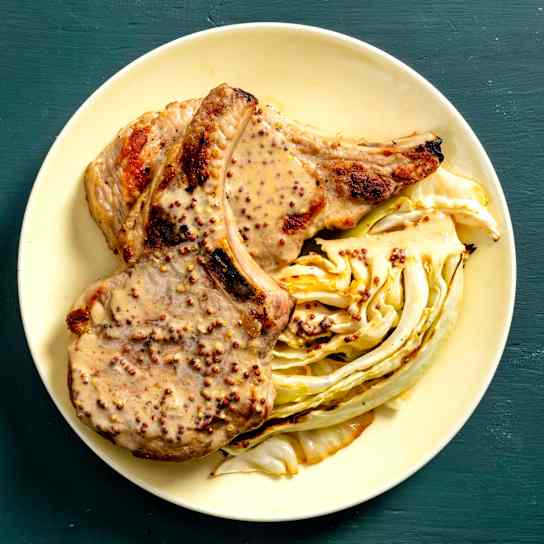 Mustard Pork Chops with Crispy Cabbage