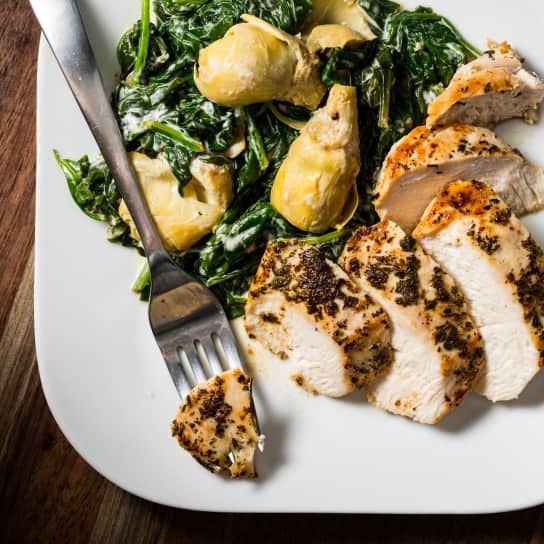 Pan-Seared Chicken Breasts with Artichokes and Spinach