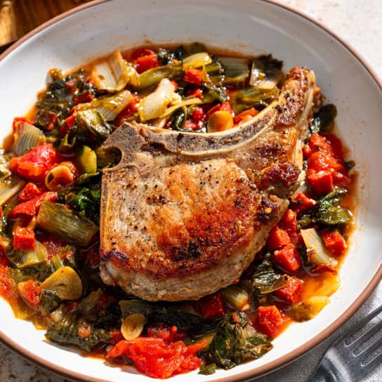 Pork Chops with Spicy Tomato-Braised Escarole