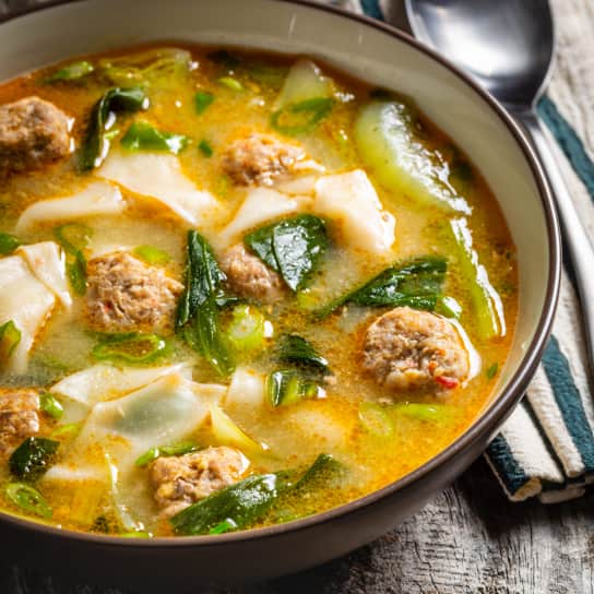 Pork Meatball Soup with Wonton Noodles and Baby Bok Choy