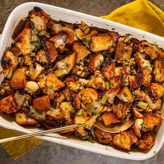Rustic Bread Stuffing with Cranberries and Walnuts