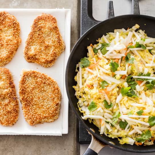 Sesame Pork Cutlets with Wilted Napa Cabbage Salad