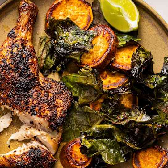 Sheet-Pan Jerk Chicken with Sweet Potatoes and Crispy Collard Greens
