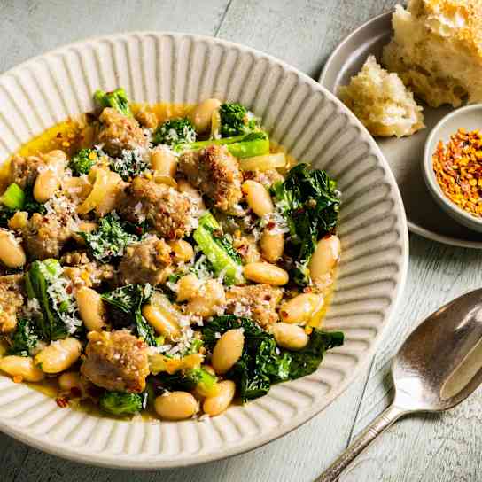 Skillet Sausage and Cannellini Beans with Broccoli Rabe