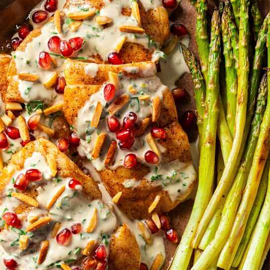 Spiced Red Snapper with Creamy Tahini Sauce and Butter-Toasted Almonds 