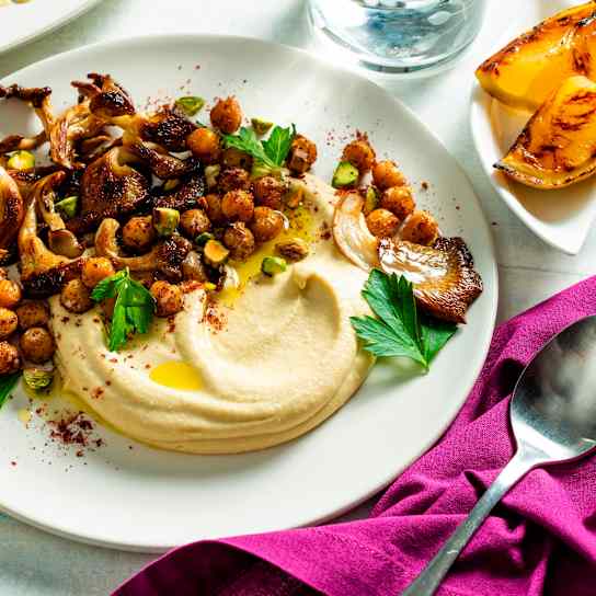 Hummus with Crispy Mushrooms and Sumac Chickpeas
