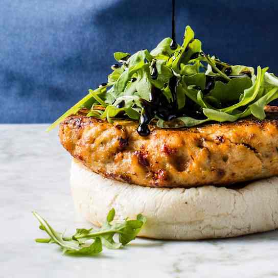 Chicken Burgers with Sun-Dried Tomatoes, Goat Cheese, and Balsamic Glaze