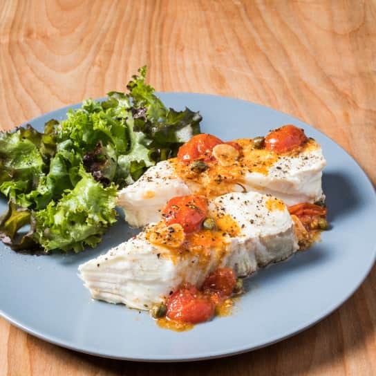 Halibut with Roasted Garlic and Cherry Tomatoes