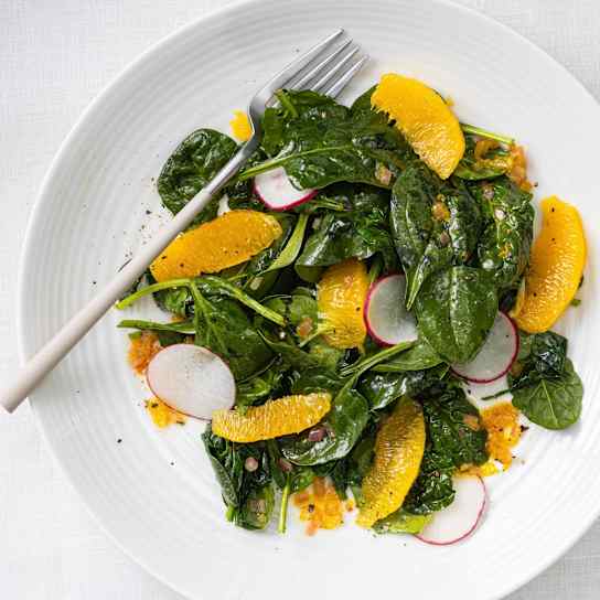 Wilted Spinach Salad with Oranges, Radishes, and Citrus Vinaigrette