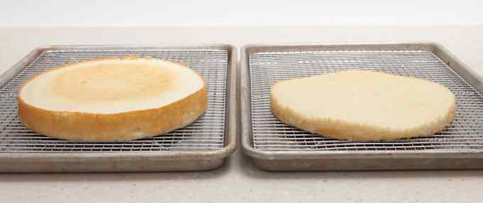 image of a well risen cake on the left and a poorly risen cake on the right
