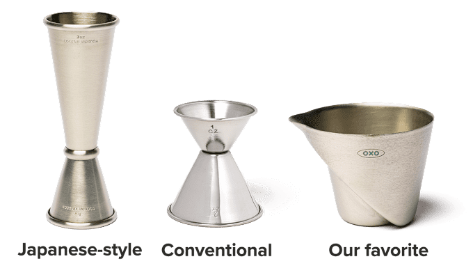 Three metal jiggers are shown against a white background: on the left, a tall Japanese jigger, in the center, a squat conventional jigger, and on the right, a measuring-cup-like jigger.