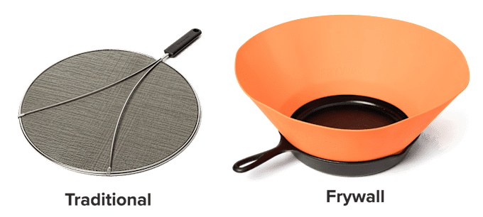 Image of a round metal splatter screen with the word traditional underneath it. To the right is an image of an orange Frywall sitting inside a cast-iron skillet. The word Frywall is underneath the image. 